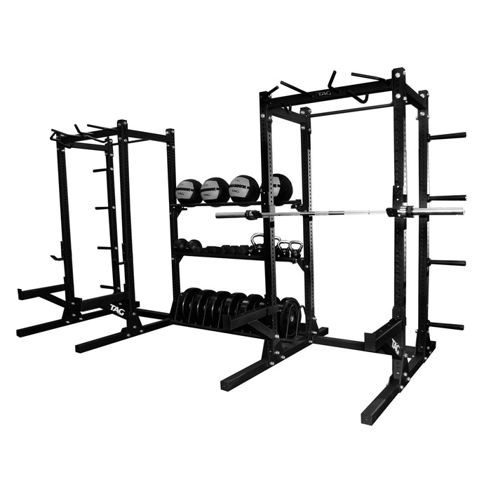 TAG Fitness - Power Rack (2ea 1/2racks, 1ea. medball & flat shelf & bumper rack included & LANDMINE & DIP ATTACHMENT)