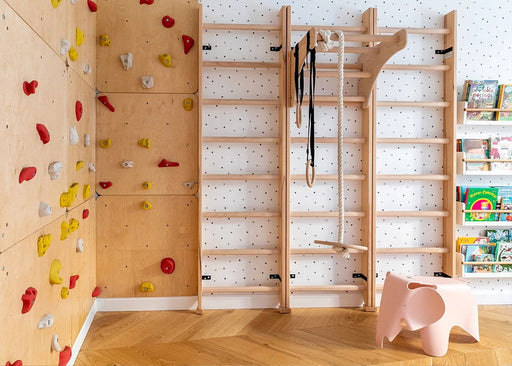BenchK 111+A204 - Series 1 - Solid beech wooden wall bars with an adjustable pull-up bar and gymnastic accessories - Home Gyms HQ - 