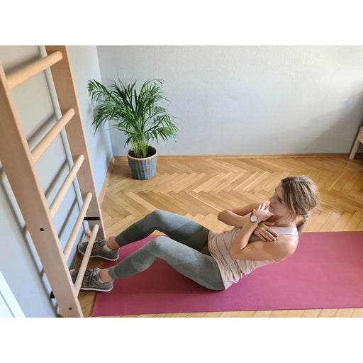 BenchK 112 - Series 1 - Solid beech wooden wall bars with an adjustable pull-up bar and a removable BenchTop used as a desk - Home Gyms HQ