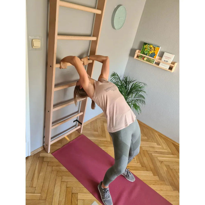 BenchK 112 - Series 1 - Solid beech wooden wall bars with an adjustable pull-up bar and a removable BenchTop used as a desk - Home Gyms HQ
