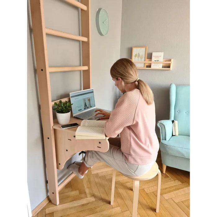 BenchK 112 - Series 1 - Solid beech wooden wall bars with an adjustable pull-up bar and a removable BenchTop used as a desk - Home Gyms HQ