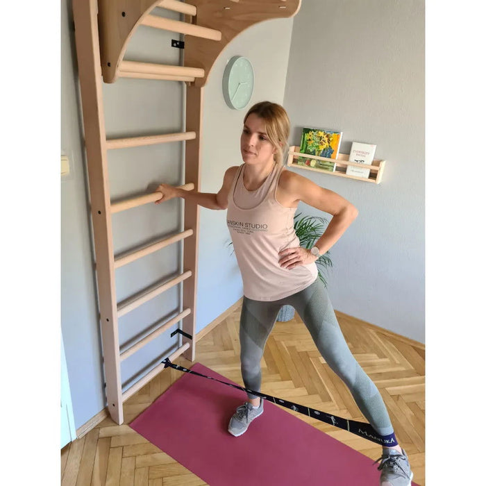 BenchK 112 - Series 1 - Solid beech wooden wall bars with an adjustable pull-up bar and a removable BenchTop used as a desk - Home Gyms HQ