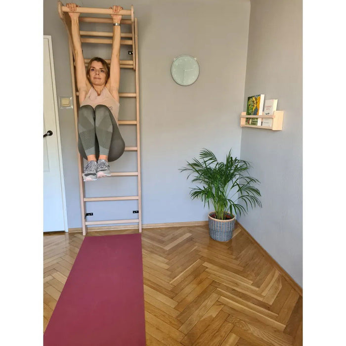 BenchK 112 - Series 1 - Solid beech wooden wall bars with an adjustable pull-up bar and a removable BenchTop used as a desk - Home Gyms HQ