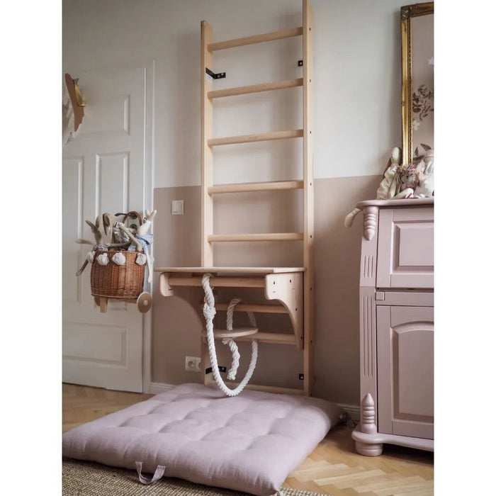 BenchK 112+A204- Series 1 - Solid beech wooden BenchK wall bars with an adjustable pull-up bar, a removable BenchTop used as a desk and gymnastic accessories - Home Gyms HQ - 