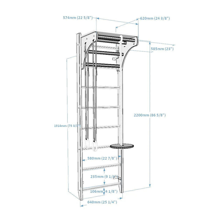 BenchK 112+A204- Series 1 - Solid beech wooden BenchK wall bars with an adjustable pull-up bar, a removable BenchTop used as a desk and gymnastic accessories - Home Gyms HQ - 