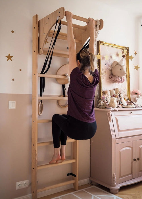 BenchK 112+A204- Series 1 - Solid beech wooden BenchK wall bars with an adjustable pull-up bar, a removable BenchTop used as a desk and gymnastic accessories - Home Gyms HQ - 