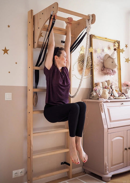 BenchK 112+A204- Series 1 - Solid beech wooden BenchK wall bars with an adjustable pull-up bar, a removable BenchTop used as a desk and gymnastic accessories - Home Gyms HQ - 