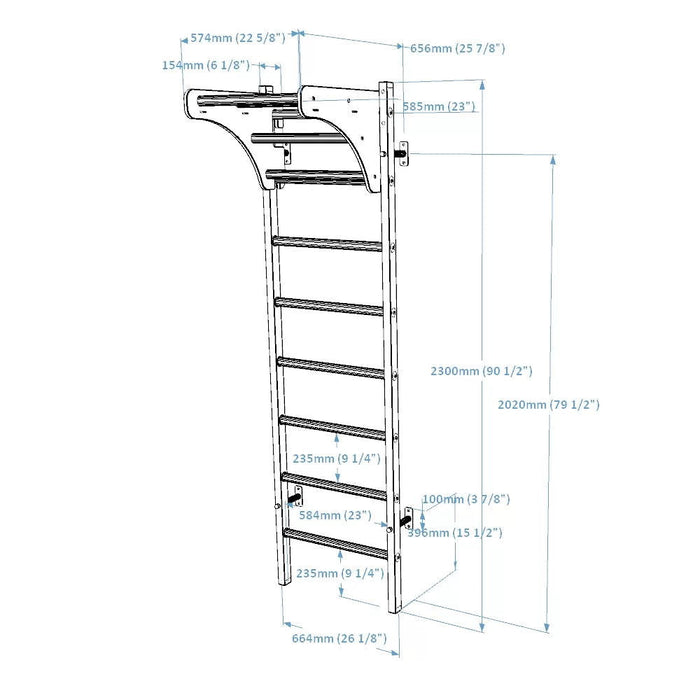 BenchK 211 B/W- Series 2 - BenchK wall bars with an adjustable beech wooden pull-up bar - Home Gyms HQ