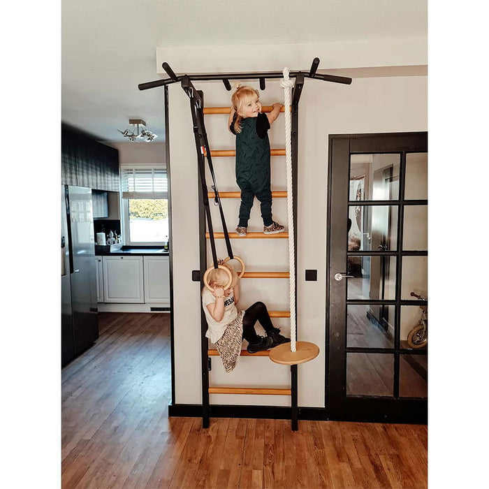 BenchK 221 B/W - A076/A204 - Series 2 - BenchK wall bars with a fixed steel 6-grip pull-up bar and gymnastic accessories - Home Gyms HQ