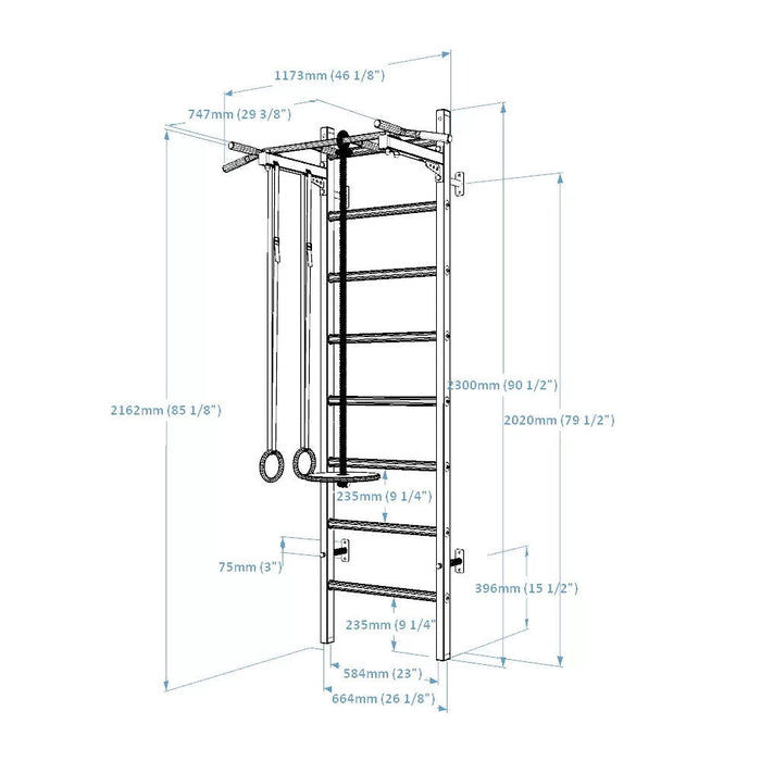 BenchK 221 B/W - A076/A204 - Series 2 - BenchK wall bars with a fixed steel 6-grip pull-up bar and gymnastic accessories - Home Gyms HQ