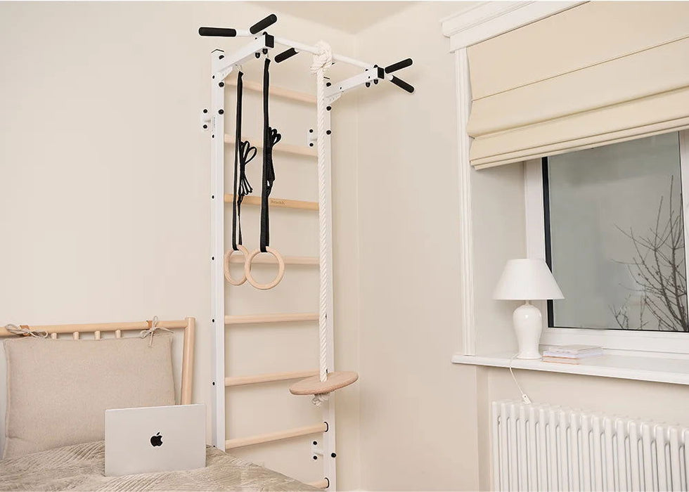 BenchK 221 B/W - A076/A204 - Series 2 - BenchK wall bars with a fixed steel 6-grip pull-up bar and gymnastic accessories - Home Gyms HQ