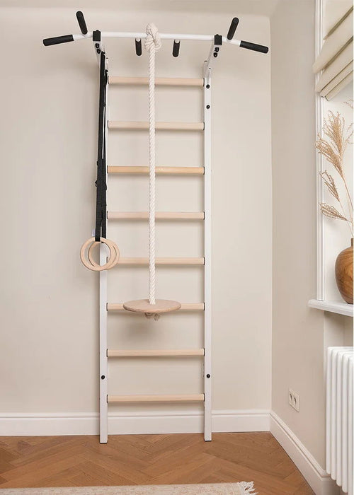 BenchK 221 B/W - A076/A204 - Series 2 - BenchK wall bars with a fixed steel 6-grip pull-up bar and gymnastic accessories - Home Gyms HQ