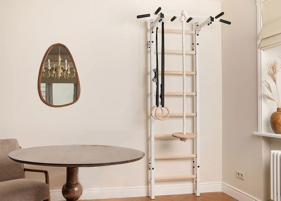 BenchK 221 B/W - A076/A204 - Series 2 - BenchK wall bars with a fixed steel 6-grip pull-up bar and gymnastic accessories - Home Gyms HQ
