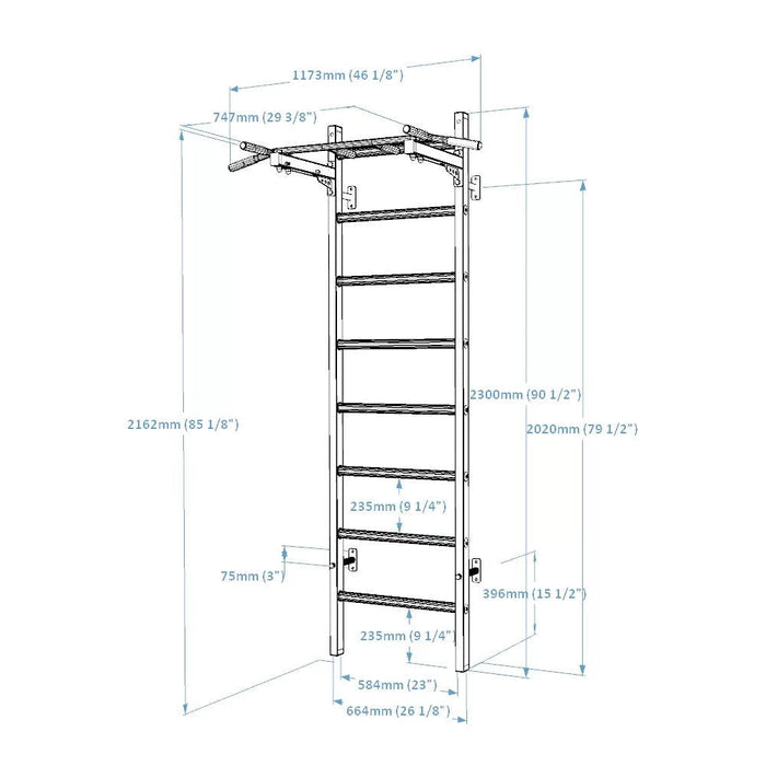 BenchK 221 B/W - Series 2 - BenchK wall bars with a fixed steel 6-grip pull-up bar - Home Gyms HQ