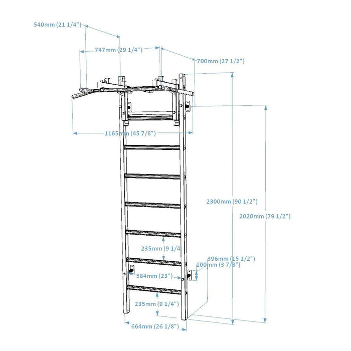 BenchK 231 B/W - Series 2 - BenchK wall bars with a convertible steel 6-grip pull-up bar that can also be used as a barbell holder - Home Gyms HQ