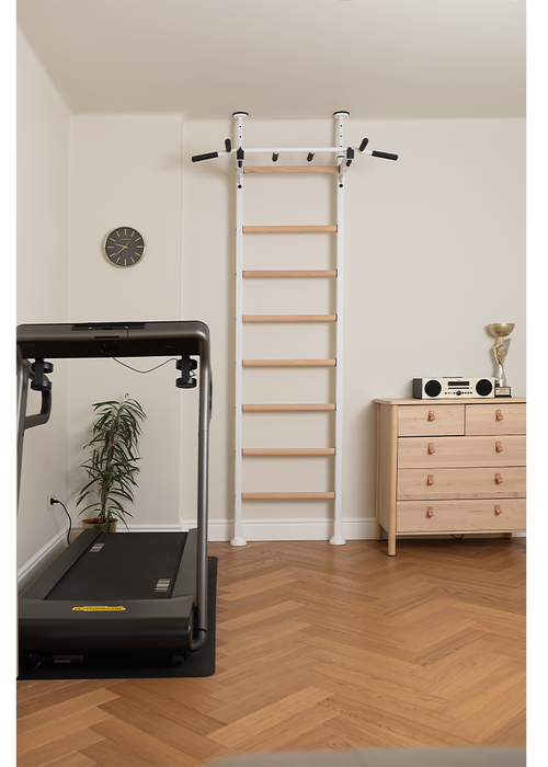 BenchK 521 B/W- Series 5 - BenchK wall bars that allow floor-to-ceiling mounting or the standard wall installation with a fixed steel 6-grip pull-up bar - Home Gyms HQ
