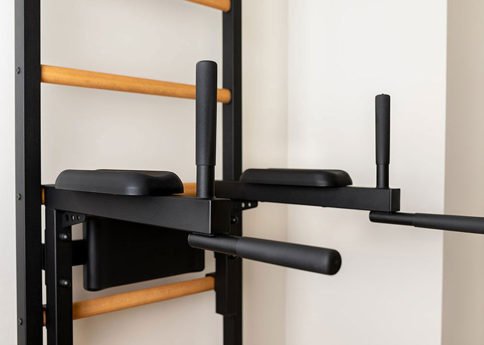 BenchK 522 B/W- Series 5 - BenchK wall bars that allow floor-to-ceiling mounting or the standard wall installation with a fixed steel 6-grip pull-up bar and a dip bar with back support - Home Gyms HQ