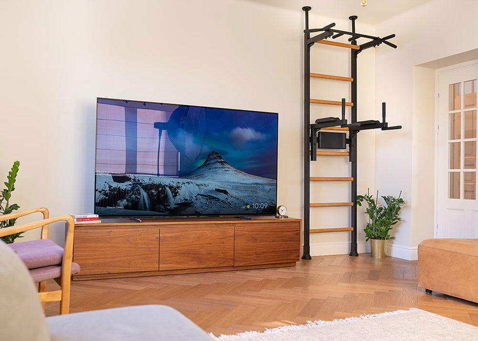 BenchK 522 B/W- Series 5 - BenchK wall bars that allow floor-to-ceiling mounting or the standard wall installation with a fixed steel 6-grip pull-up bar and a dip bar with back support - Home Gyms HQ