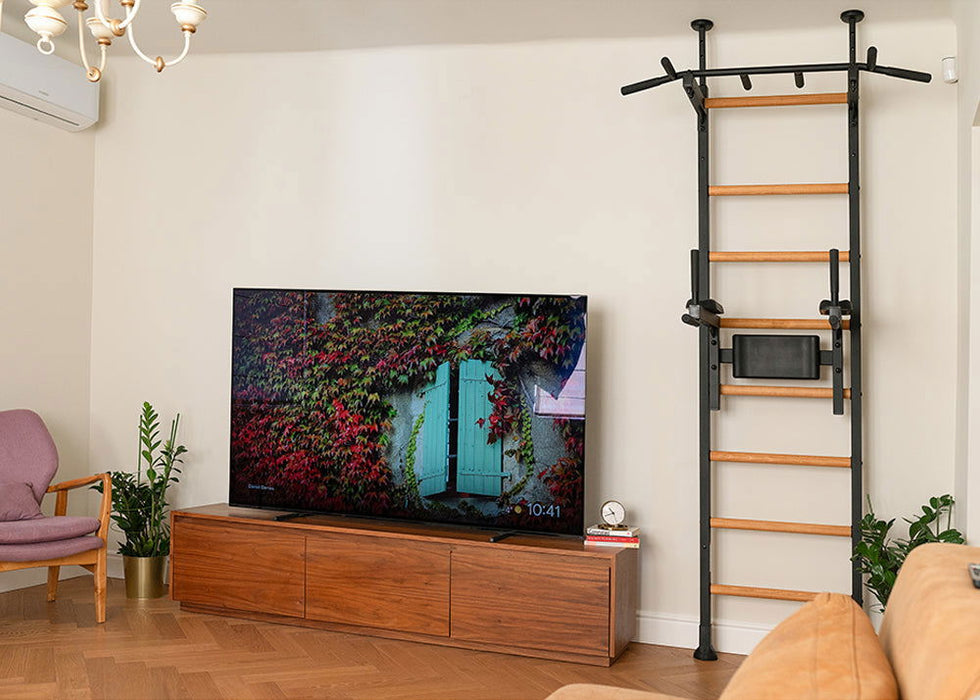 BenchK 522 B/W- Series 5 - BenchK wall bars that allow floor-to-ceiling mounting or the standard wall installation with a fixed steel 6-grip pull-up bar and a dip bar with back support - Home Gyms HQ