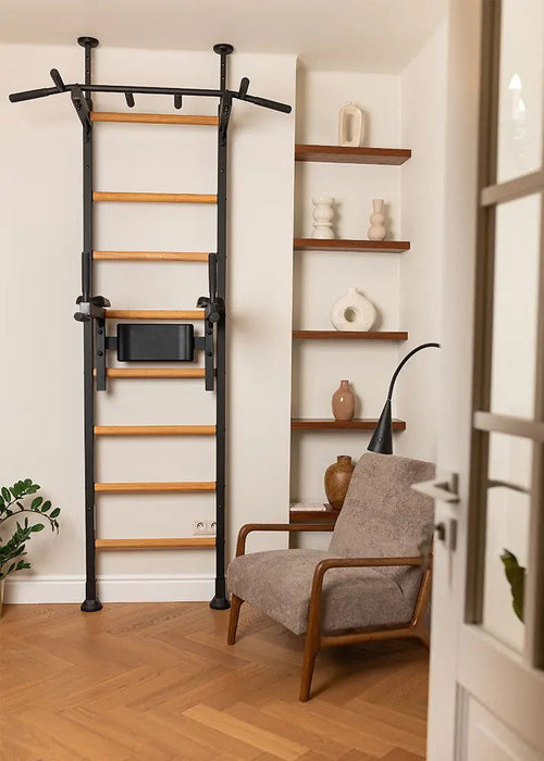 BenchK 522 B/W- Series 5 - BenchK wall bars that allow floor-to-ceiling mounting or the standard wall installation with a fixed steel 6-grip pull-up bar and a dip bar with back support - Home Gyms HQ
