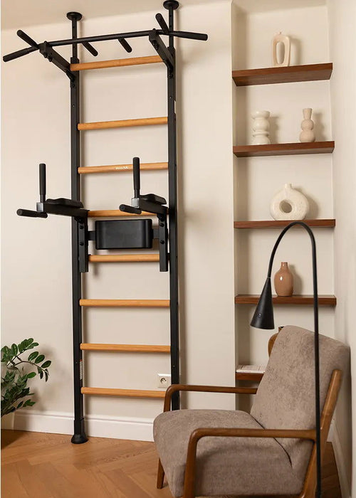 BenchK 522 B/W- Series 5 - BenchK wall bars that allow floor-to-ceiling mounting or the standard wall installation with a fixed steel 6-grip pull-up bar and a dip bar with back support - Home Gyms HQ