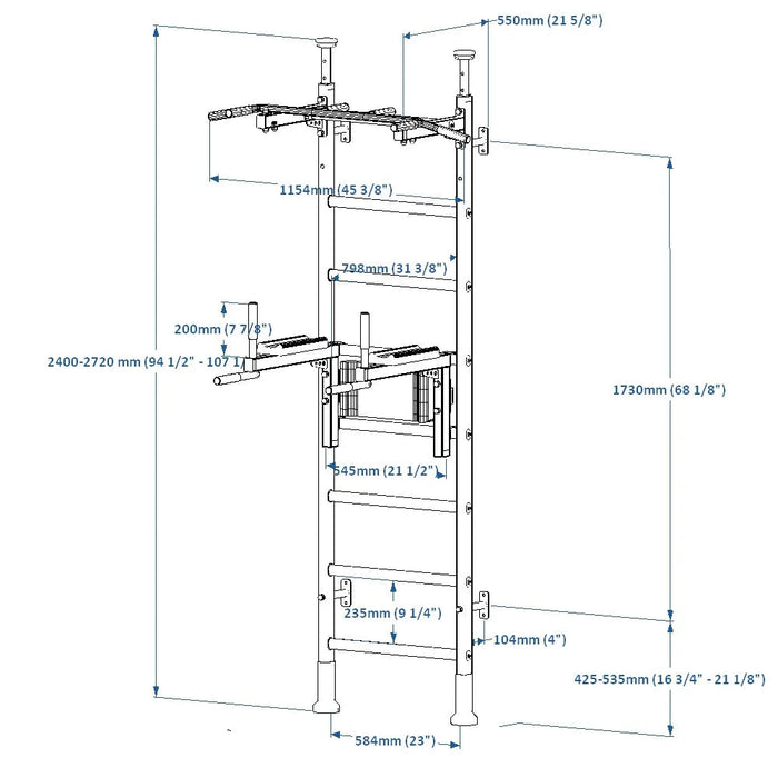 BenchK 522 B/W- Series 5 - BenchK wall bars that allow floor-to-ceiling mounting or the standard wall installation with a fixed steel 6-grip pull-up bar and a dip bar with back support - Home Gyms HQ