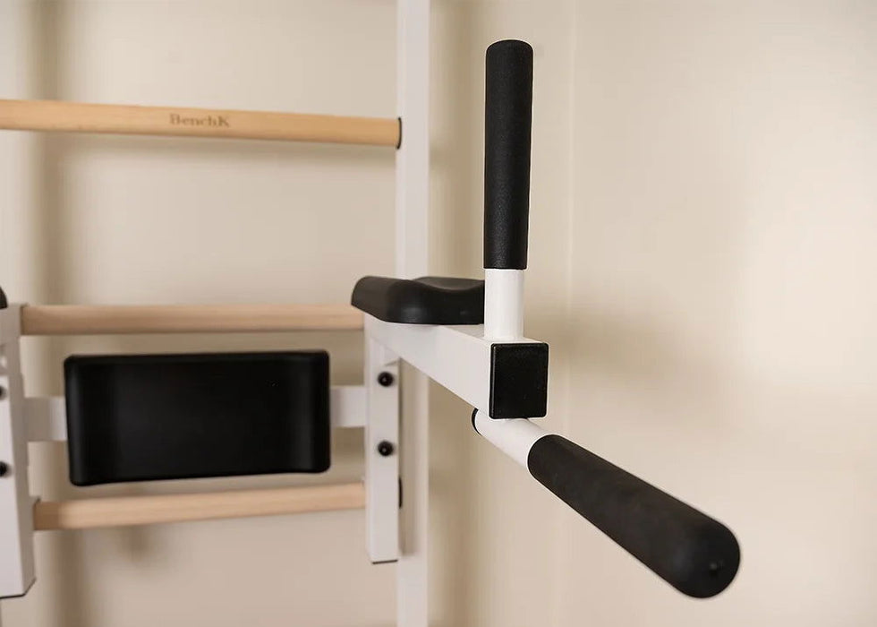 BenchK 522 B/W- Series 5 - BenchK wall bars that allow floor-to-ceiling mounting or the standard wall installation with a fixed steel 6-grip pull-up bar and a dip bar with back support - Home Gyms HQ