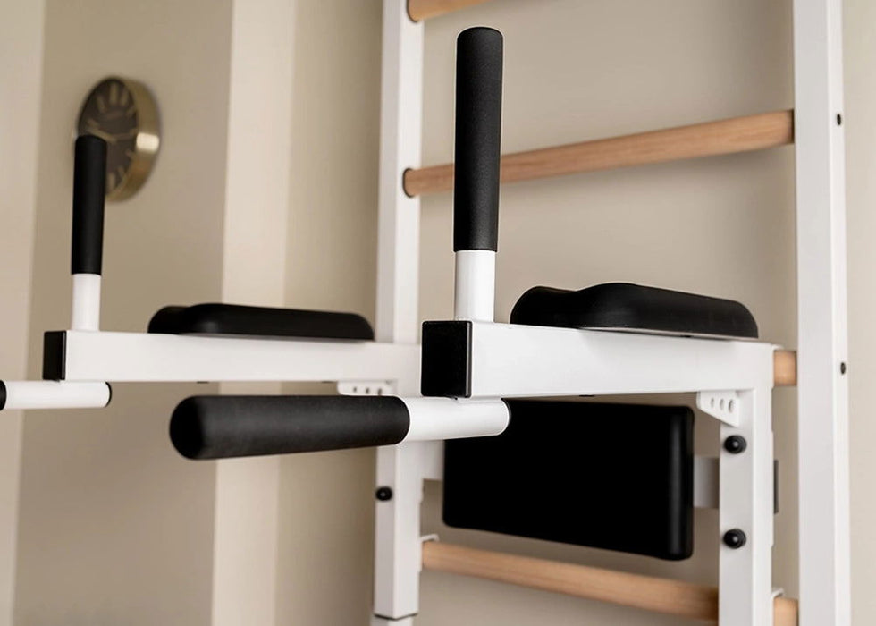 BenchK 522 B/W- Series 5 - BenchK wall bars that allow floor-to-ceiling mounting or the standard wall installation with a fixed steel 6-grip pull-up bar and a dip bar with back support - Home Gyms HQ