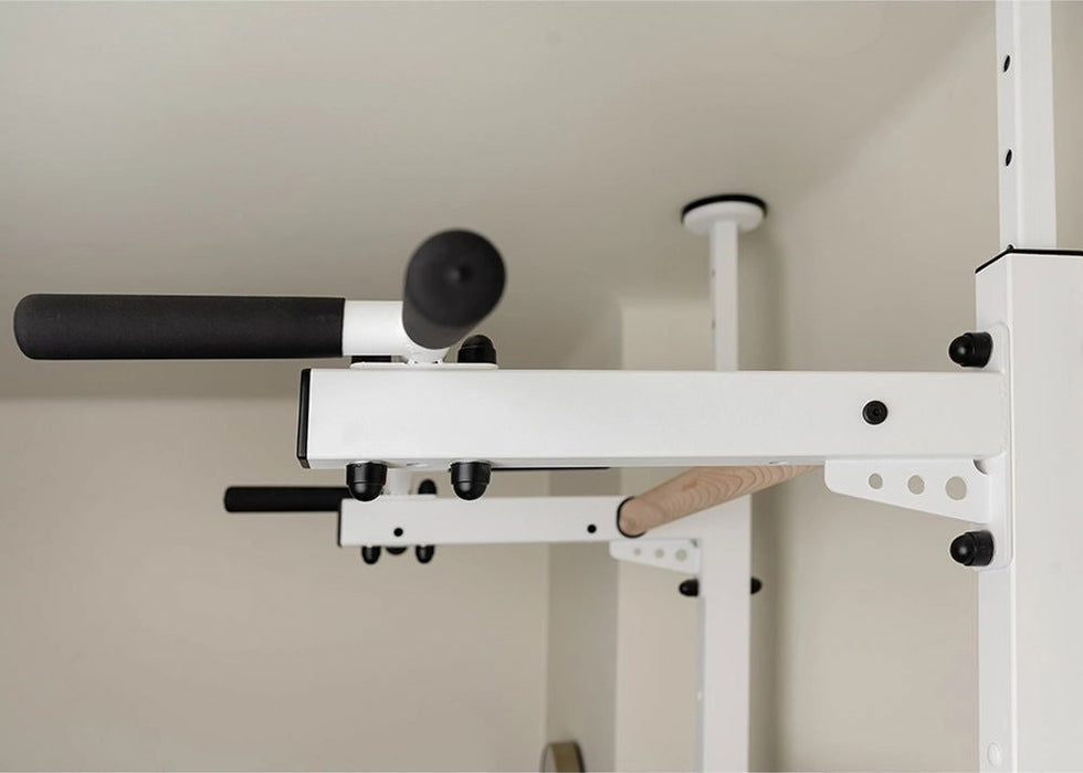 BenchK 522 B/W- Series 5 - BenchK wall bars that allow floor-to-ceiling mounting or the standard wall installation with a fixed steel 6-grip pull-up bar and a dip bar with back support - Home Gyms HQ