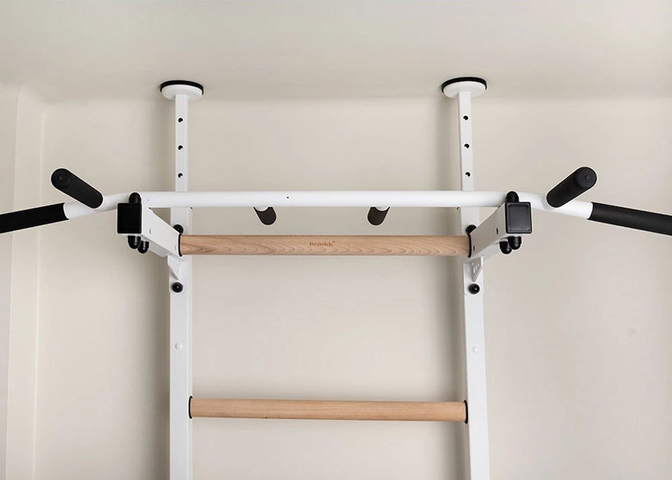 BenchK 522 B/W- Series 5 - BenchK wall bars that allow floor-to-ceiling mounting or the standard wall installation with a fixed steel 6-grip pull-up bar and a dip bar with back support - Home Gyms HQ