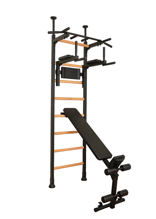 BenchK 523 B/W- Series 5 - BenchK wall bars that allow floor-to-ceiling mounting or the standard wall installation with a fixed steel 6-grip pull-up bar, a dip bar with back support and an advanced workout bench - Home Gyms HQ - 