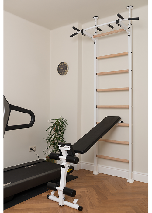 BenchK 523 B/W- Series 5 - BenchK wall bars that allow floor-to-ceiling mounting or the standard wall installation with a fixed steel 6-grip pull-up bar, a dip bar with back support and an advanced workout bench - Home Gyms HQ - 