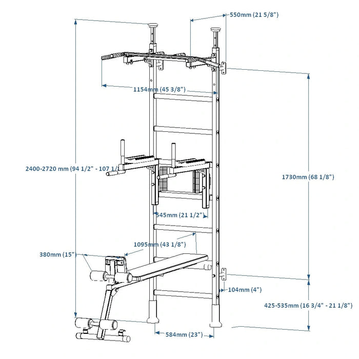 BenchK 523 B/W- Series 5 - BenchK wall bars that allow floor-to-ceiling mounting or the standard wall installation with a fixed steel 6-grip pull-up bar, a dip bar with back support and an advanced workout bench - Home Gyms HQ - 