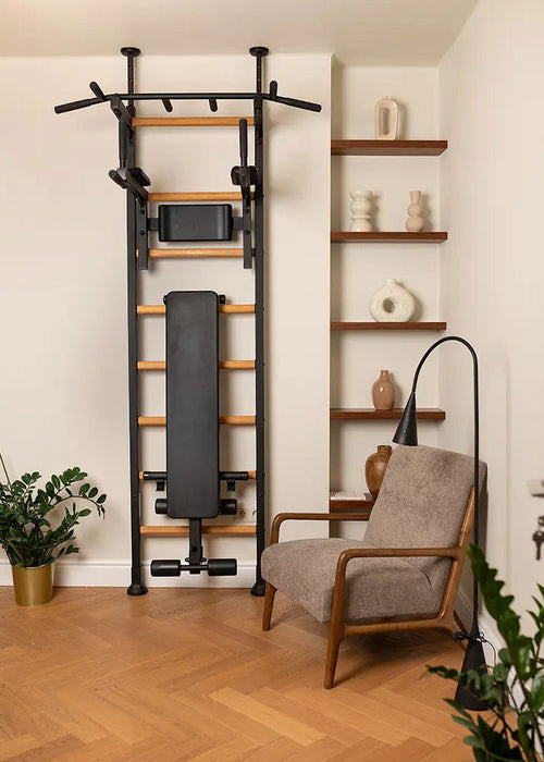 BenchK 523 B/W- Series 5 - BenchK wall bars that allow floor-to-ceiling mounting or the standard wall installation with a fixed steel 6-grip pull-up bar, a dip bar with back support and an advanced workout bench - Home Gyms HQ - 
