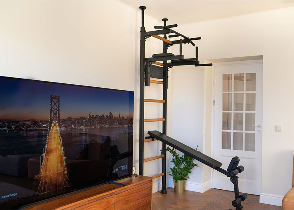 BenchK 523 B/W- Series 5 - BenchK wall bars that allow floor-to-ceiling mounting or the standard wall installation with a fixed steel 6-grip pull-up bar, a dip bar with back support and an advanced workout bench - Home Gyms HQ - 