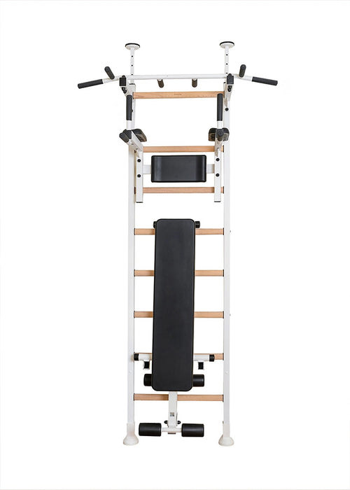 BenchK 523 B/W- Series 5 - BenchK wall bars that allow floor-to-ceiling mounting or the standard wall installation with a fixed steel 6-grip pull-up bar, a dip bar with back support and an advanced workout bench - Home Gyms HQ - 
