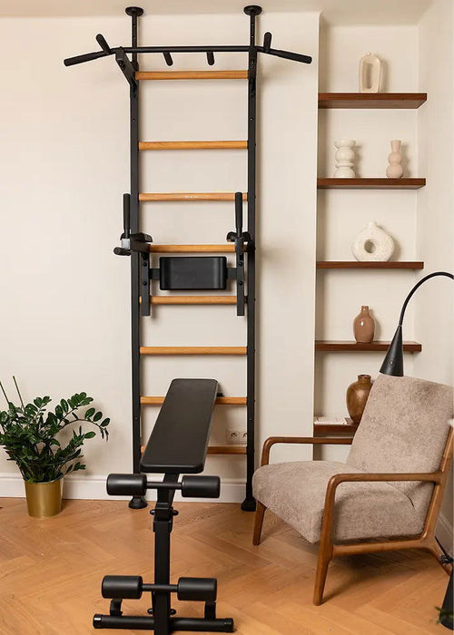 BenchK 523 B/W- Series 5 - BenchK wall bars that allow floor-to-ceiling mounting or the standard wall installation with a fixed steel 6-grip pull-up bar, a dip bar with back support and an advanced workout bench - Home Gyms HQ - 