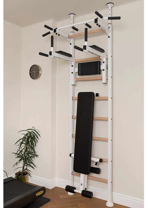 BenchK 523 B/W- Series 5 - BenchK wall bars that allow floor-to-ceiling mounting or the standard wall installation with a fixed steel 6-grip pull-up bar, a dip bar with back support and an advanced workout bench - Home Gyms HQ - 