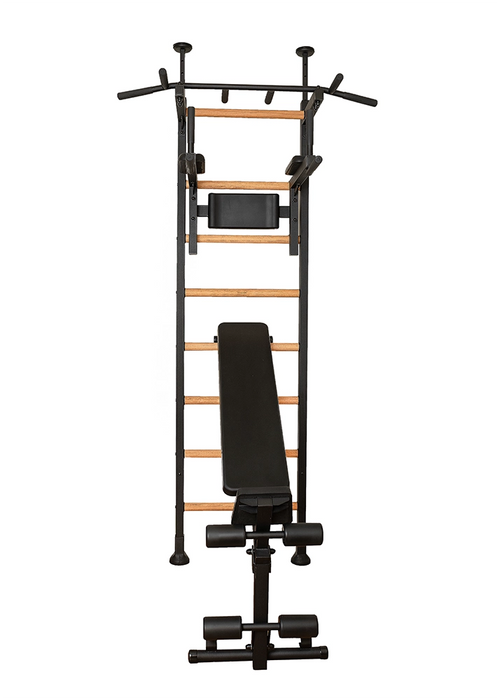 BenchK 523 B/W- Series 5 - BenchK wall bars that allow floor-to-ceiling mounting or the standard wall installation with a fixed steel 6-grip pull-up bar, a dip bar with back support and an advanced workout bench - Home Gyms HQ - 