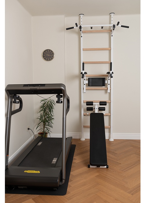 BenchK 523 B/W- Series 5 - BenchK wall bars that allow floor-to-ceiling mounting or the standard wall installation with a fixed steel 6-grip pull-up bar, a dip bar with back support and an advanced workout bench - Home Gyms HQ - 
