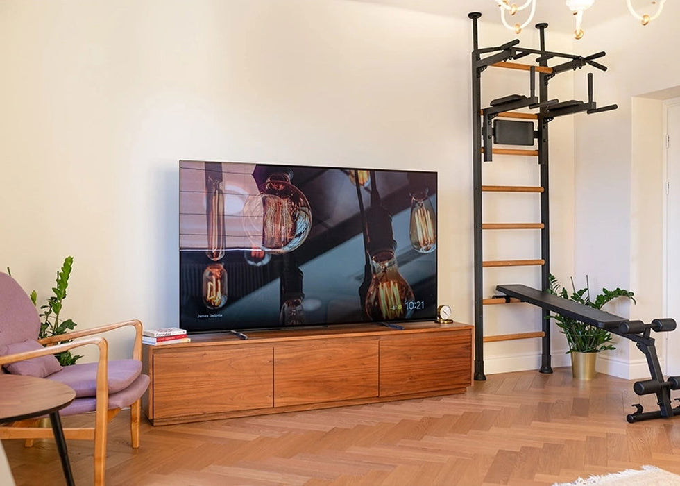 BenchK 523 B/W- Series 5 - BenchK wall bars that allow floor-to-ceiling mounting or the standard wall installation with a fixed steel 6-grip pull-up bar, a dip bar with back support and an advanced workout bench - Home Gyms HQ - 