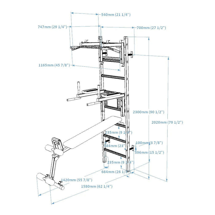 BenchK 233 B/W - Series 2 - BenchK wall bars with a convertible steel 6-grip pull-up bar that can also be used as a barbell holder, a dip bar with back support, and an advanced workout bench - Home Gyms HQ - 