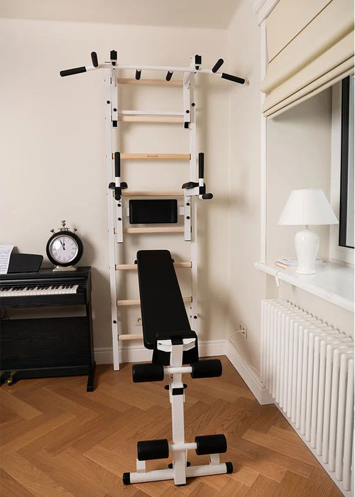 BenchK 233 B/W - Series 2 - BenchK wall bars with a convertible steel 6-grip pull-up bar that can also be used as a barbell holder, a dip bar with back support, and an advanced workout bench - Home Gyms HQ - 