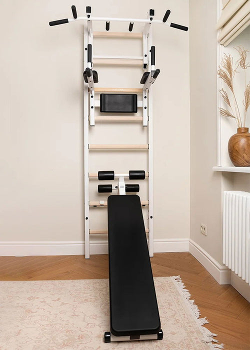 BenchK 233 B/W - Series 2 - BenchK wall bars with a convertible steel 6-grip pull-up bar that can also be used as a barbell holder, a dip bar with back support, and an advanced workout bench - Home Gyms HQ - 