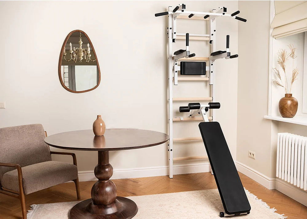 BenchK 233 B/W - Series 2 - BenchK wall bars with a convertible steel 6-grip pull-up bar that can also be used as a barbell holder, a dip bar with back support, and an advanced workout bench - Home Gyms HQ - 