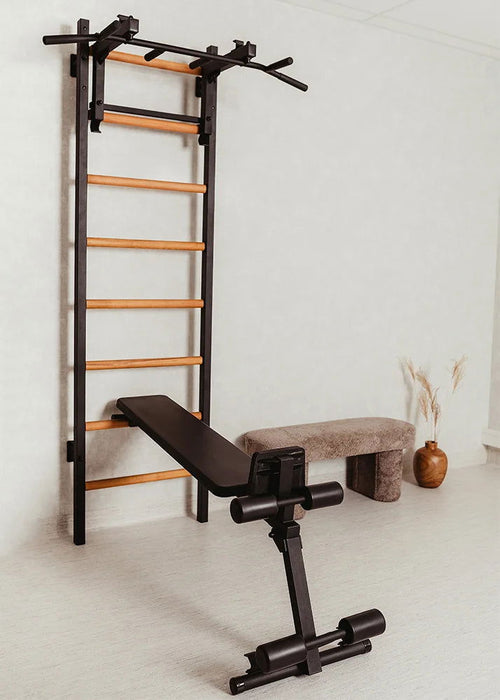 BenchK 233 B/W - Series 2 - BenchK wall bars with a convertible steel 6-grip pull-up bar that can also be used as a barbell holder, a dip bar with back support, and an advanced workout bench - Home Gyms HQ - 