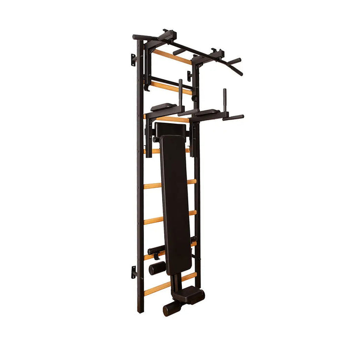 BenchK 233 B/W - Series 2 - BenchK wall bars with a convertible steel 6-grip pull-up bar that can also be used as a barbell holder, a dip bar with back support, and an advanced workout bench - Home Gyms HQ - 