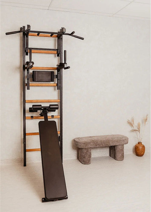 BenchK 233 B/W - Series 2 - BenchK wall bars with a convertible steel 6-grip pull-up bar that can also be used as a barbell holder, a dip bar with back support, and an advanced workout bench - Home Gyms HQ - 