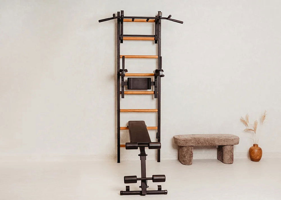 BenchK 233 B/W - Series 2 - BenchK wall bars with a convertible steel 6-grip pull-up bar that can also be used as a barbell holder, a dip bar with back support, and an advanced workout bench - Home Gyms HQ - 