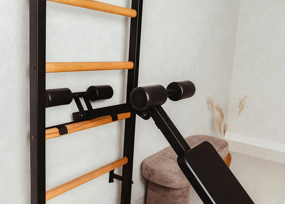 BenchK 233 B/W - Series 2 - BenchK wall bars with a convertible steel 6-grip pull-up bar that can also be used as a barbell holder, a dip bar with back support, and an advanced workout bench - Home Gyms HQ - 
